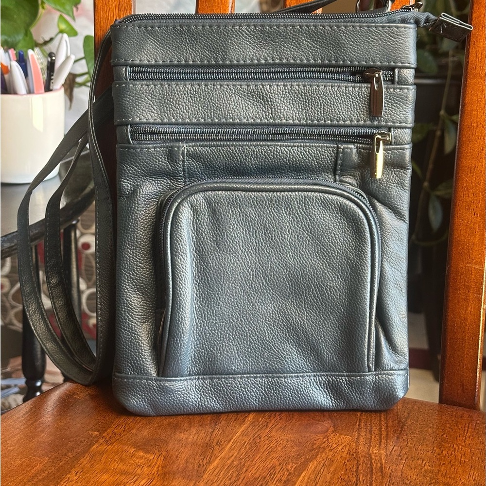 Genuine Leather Navy Crossbody Bag Multi Zip Pocket Organizer
